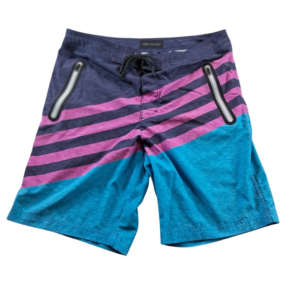 American Eagle Board Shorts M Blue Pink Striped Colorblock Swim Trunks‎ Unlined